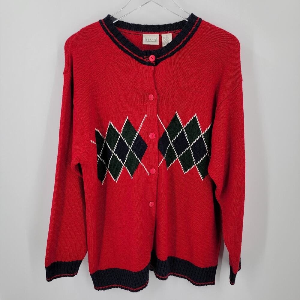Laura Gayle Sweater Womens XL Cardigan Button Up Argyle Red Green Blue Vintage